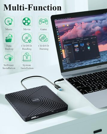 Зовнішній DVD-накопичувач PeroBuno USB 3.0 Type-C, CD ROM +/-RW оптичний привід, ультратонкий DVD-записувач та плеєр для ноутбука, PC, MacBook (Windows, Linux, macOS)