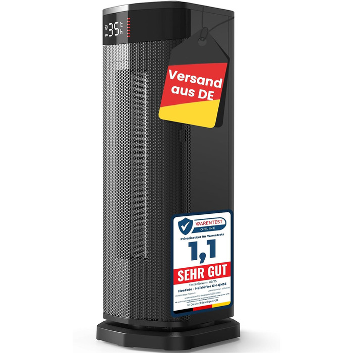 Електричний обігрівач 2000W з економічним споживанням, тихий, з таймером 24 години, осциляція 90°, захист від перекидання та перегріву, чорний