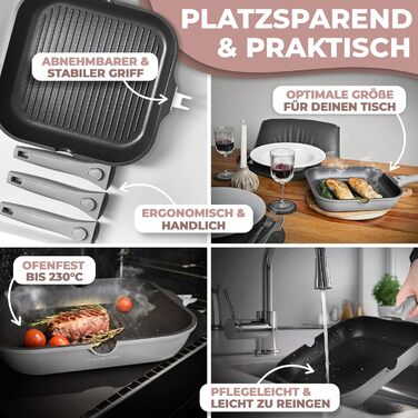 Гриль-сковорода NEU 28 см з виливом та знімною ручкою, антипригарна, без PFOA, для індукції, жаростійка, сіра