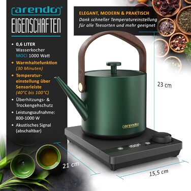 Електричний чайник Arendo з регулюванням температури 40-100°C, 0.6 л, з цифровою основою, з індикатором температури, BPA Free, функція підтримки тепла, чорно-зелений