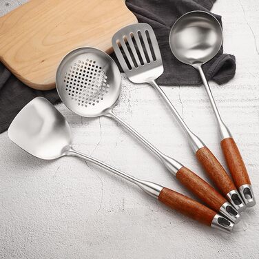 Набір кухонного приладдя з нержавіючої сталі 4 шт. (лопатка, шумовка, сито, лопатка для перевертання), з дерев'яною ручкою, придатний для миття в посудомийній машині