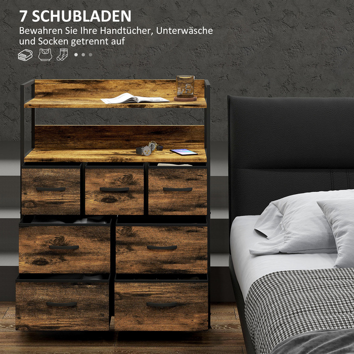 HOMCOM 7-Drawer Fabric Storage Chest of Drawers, Storage Cabinet, Dresser with 2 Shelves, Steel Frame for Bedroom, Living Room, Rustic Brown | Aosom