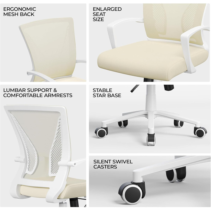 Офісний крісло Yaheetech ергономічне, з сітчастою спинкою, з підлокітниками, для офісу та дому, комп'ютерне крісло, витримує до 136 кг, дихаюче, з функцією гойдання (Бежевий)