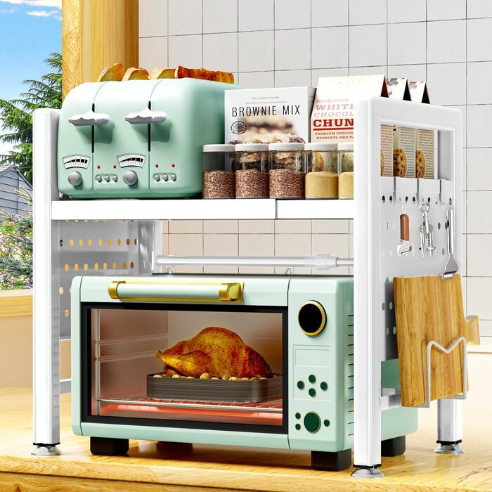 Підставка для мікрохвильової печі, 2-рівнева, розширювана 40-65см, з 6 гачками, для кухонного ножа, біла