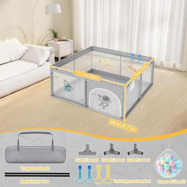 UISEBRT Baby Playpen 127x127cm Playard for Baby with 50 Ocean Balls & 4 Pull Rings & Carry Bag, Foldable Playpen Tent with Breathable Mesh for Kids, Blue with Animal Motifs 127x127x68cm Blue with Animal Motifs