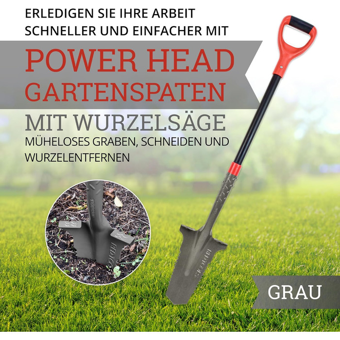 Садова лопата Red Tools Power Head з кореневою пилкою, 115 см, міцне лезо для кам'янистих і твердих ґрунтів, із підпорою для ноги та м'якою ручкою (сіра)