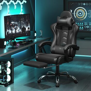 Ігрове крісло Yaheetech Ergonomic Gaming Chair з функцією масажу, підставкою для ніг та регулюванням спинки 90-135°, офісне крісло для геймерів та дому, чорне