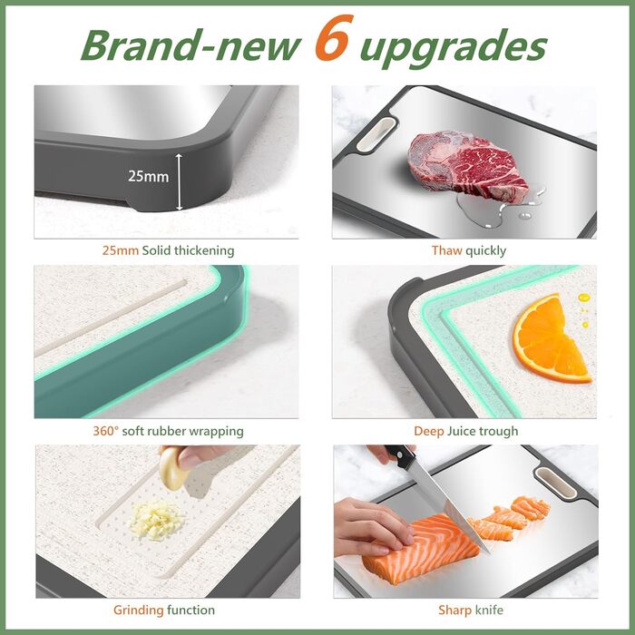 Нінджер Двостороння кухонна дошка для нарізання з нержавіючої сталі 304 та PP, для м'яса, овочів та хліба, легко миється, з ножем (38 × 27 см)