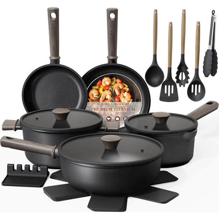 Набір посуду Astercook (19 предметів): каструлі та сковорідки з титановим антипригарним покриттям для індукційних плит, без PTFE, PFOA та PFOS, чорний