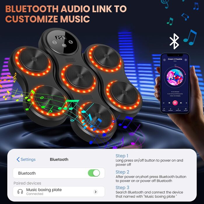 Музична боксівська машина IERAKOR з LED-підсвічуванням, Bluetooth, 9 режимів швидкості, для дорослих та дітей, чорна