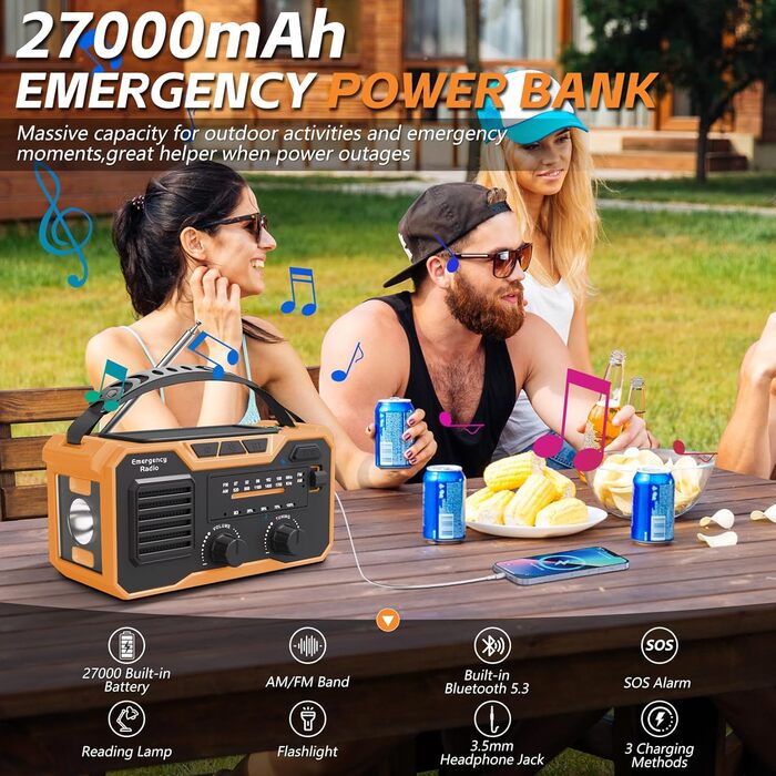 Радіо-зарядний пристрій Kurbelradio на 27000mAh з сонячною панеллю, FM/AM, Bluetooth 5.3, SOS-сигналом, компасом та ліхтариком для надзвичайних ситуацій та виживання на природі (зелений, оранжевий)