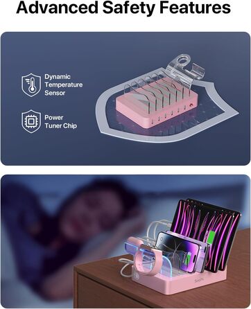 Зарядна станція SooPii USB з органайзером на 6 портів 50W + 6 кабелів + тримач для iWatch, біла (Рожева)