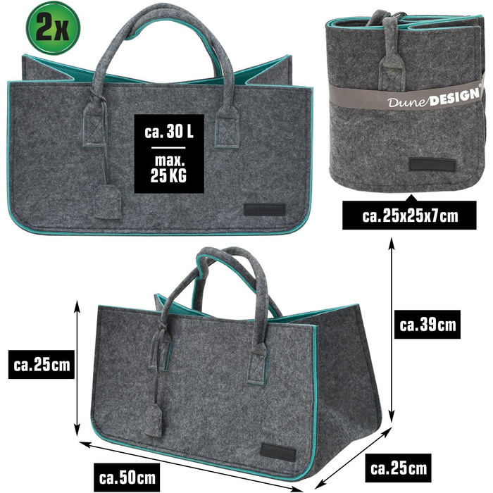 2-Piece Set: Heavy-Duty Shopping Bag Felt XXL - 50x25x25 Felt Bag Large - Kaminta Bag for Wood, Carrying Bag Firewood Basket - Car Shopping Basket Foldable Shopping Bag Felt Firewood Basket Modern