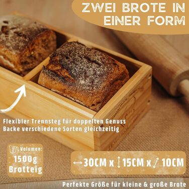 HOLZBROTZAUBER 30cm Loaf Tin made of Beechwood - Bake your own bread Loaf Tin - integrated separator - wooden loaf tin for any bread - Beechwood baking box - bread baking frame for 1.5kg of bread