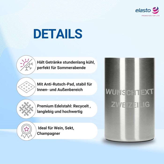 Персоналізований охолоджувач для пляшок 'Chill' - двостінний охолоджувач для вина з нержавіючої сталі - охолоджувач для вина, шампанського, пива - подарунок для поціновувачів вина, друзів, батьків, колір: срібло + індивідуальний текст