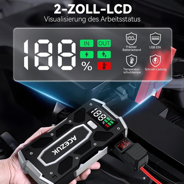 Портативний зарядний пристрій Starthilfe Powerbank 6000A для автомобіля: 7.0л бензин, 5.5л дизель, LED ліхтарик, великий екран (Чорний)