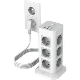 Многорозеткова смуга TESSAN із захистом від перенапруги, 3600W, 16A, 12 розеток, 2 USB-A, 1 USB-C, кабель 2м, сіра
