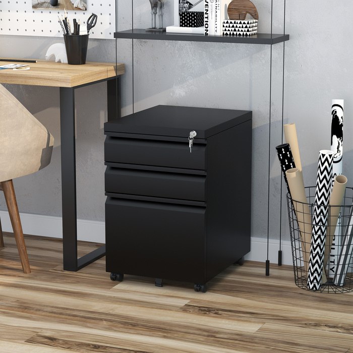 Vinsetto Rolling File Cabinet with 3 Drawers and Wheels, Concave Handle, Steel, Black for Office & Home Office