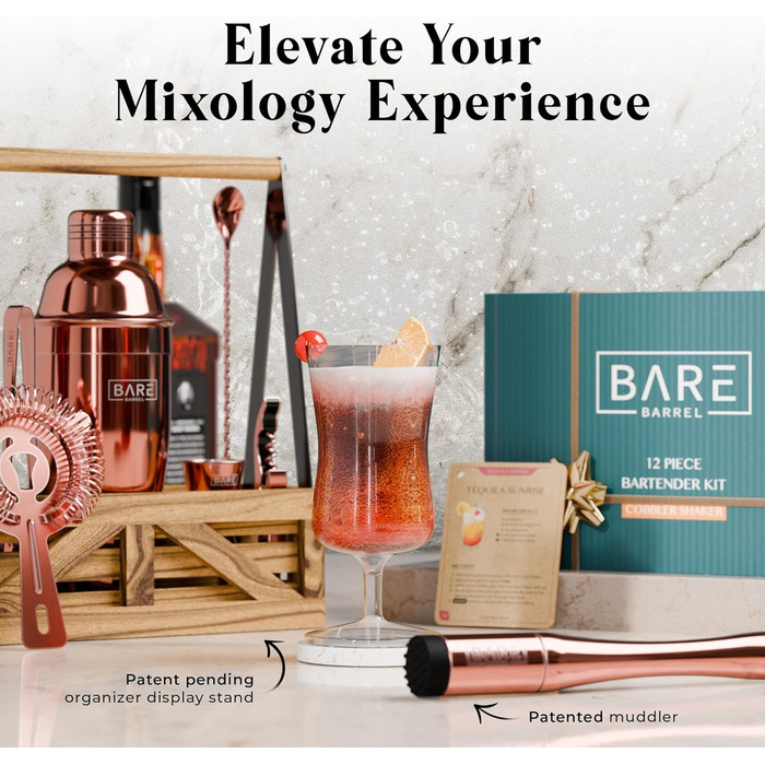 Набір бармена для приготування коктейлів Rose Gold 24oz: 12 предметів, дерев'яний підставник, рецепти, професійний барний аксесуар