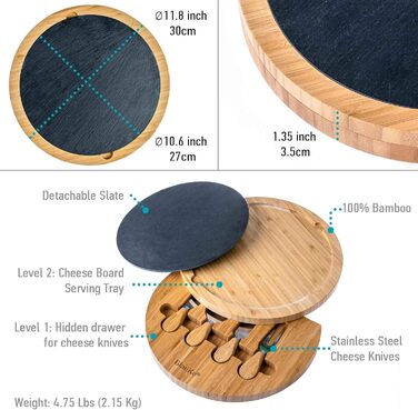Bamboo Cheese Board with Cheese Knife Set and Slate Plate – Wooden Serving Platter for Cheese and Appetizers – 30cm Rotating Cheese Board – Round Serving Board – Cheese Board Charcuterie Board