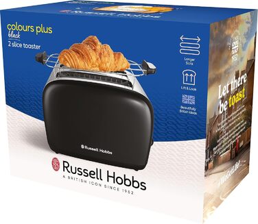 Тостер Russell Hobbs Colours Plus на 2 тости, нержавіюча сталь, чорний, з широкими відділеннями, підставкою для булочок, 6 режимів підсмажування, функцією розморожування, Lift & Look, 1600 Вт (26550-56)