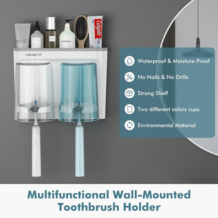 NPET Bathroom Toothbrush Holder, 3 Cups, Toothbrush Holder Set, Wall Mount, Ideal Bathroom Accessory Organization (2 Cups, Grey)