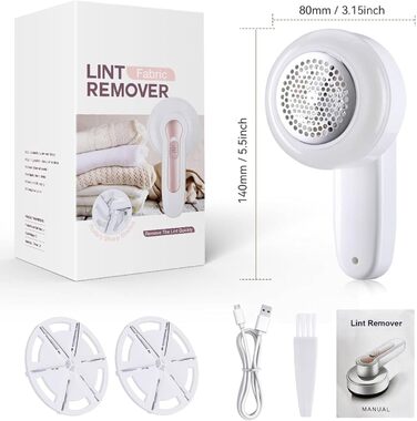 Електричний видальник ворсу для одягу з 3 лезами, портативний, USB, для тканини, ковдр, светрів (білий)