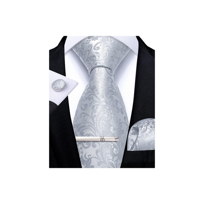 Набір аксесуарів для чоловіків DiBanGu: краватка, хустинка, кафтанчики, краватковий затискач, шовковий паваротний узор, білий / срібний