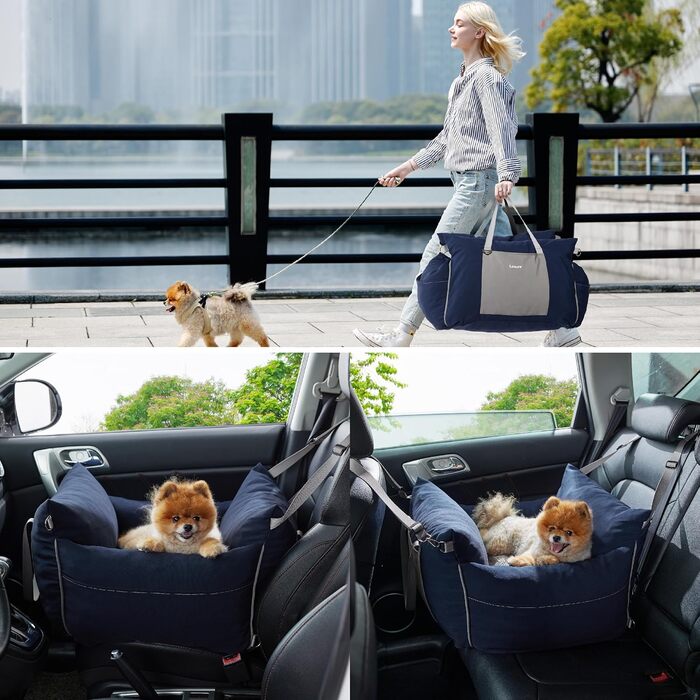 Pet Car Seat for Small Dogs - Waterproof and Washable Dog Car Seat with Storage Pockets, Detachable Safety Leash, and Thickened Memory Foam Filling, 58x56x33cm, (Navy Blue)