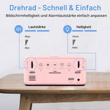 Цифровий LED будильник LATEC з 2 сигналами будильника, функцією Snooze, USB-портом для зарядки, регулюванням яскравості та гучності (90-120 дБ), 8 мелодій, формат 12/24г, мережевий, Рожевий
