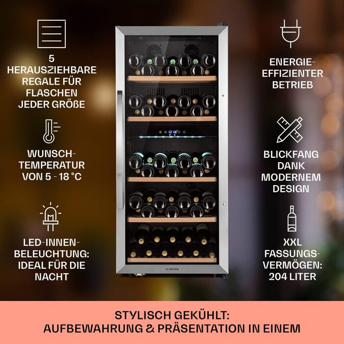 Klarstein Wine Refrigerator - Freestanding 33 Bottle Wine Cooler with Dual Zone & Glass Door - Indoor/Outdoor Beersafe with LED Lighting - 5-18°C