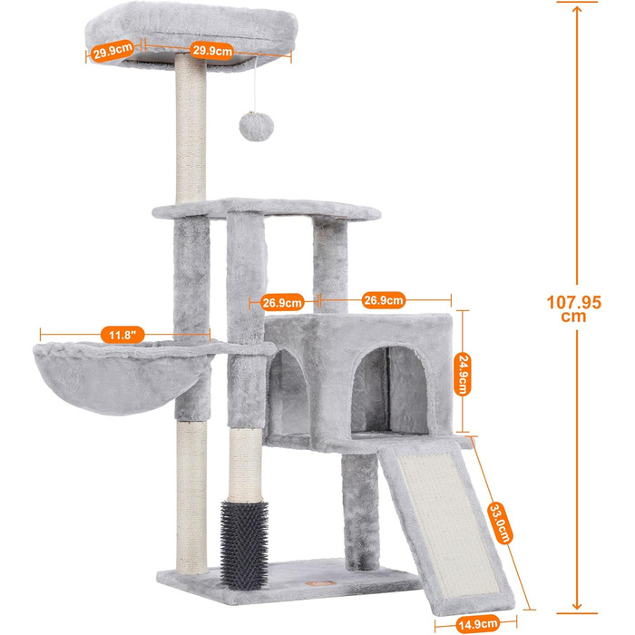Котячий будиночок Heybly з котячою щіткою, котячий будиночок для домашніх котів з м'якою подушкою, котячий когтетоп з корзиною, когтеточкою та стовпчиком, HCT005SG (світло-сірий)