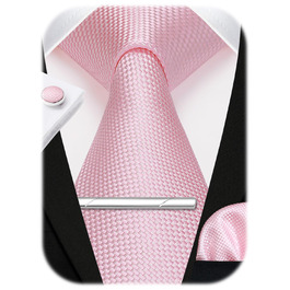 Комплект краватки для весілля HISDERN: краватка в клітинку, нагрудна хустинка, краваткова застібка та запонки (Рожевий, 3)