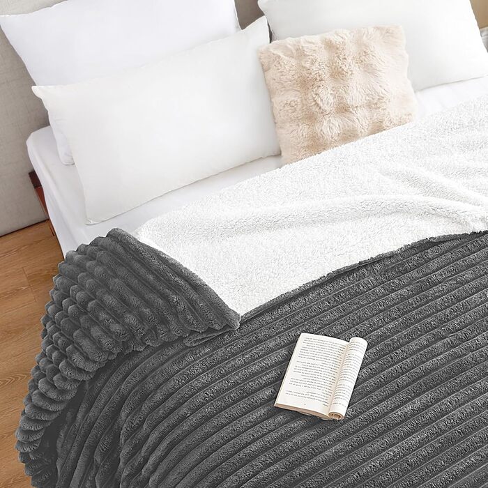 Плед WAVVE Sherpa з штучного хутра, сірий - теплий, м'який, великий (150x200 см)