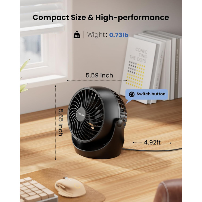 Портативний вентилятор Gaiatop 14 см, 3 швидкості, для дому, офісу, спальні, ванної кімнати (чорний)