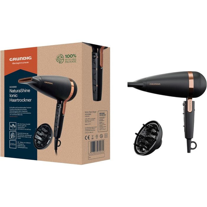 Фен GRUNDIG Naturashine HD 8080 з іонізацією, 2 насадки, 2300 Вт, 3 температурні та 2 режими повітряного потоку, холодна функція, датчик Smart On/Off, 3 м кабель, чорний / рожеве золото