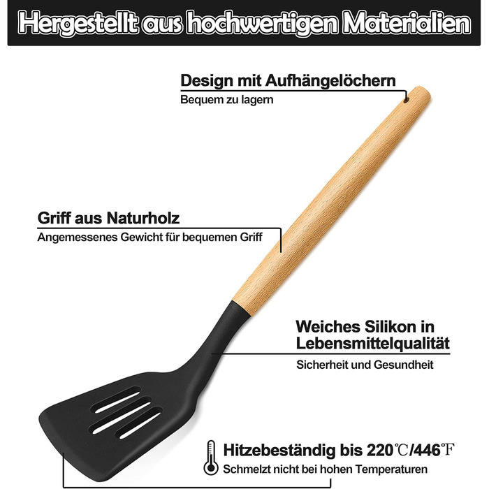 Набір кухонних аксесуарів Homikit 15 предметів з чорного силікону та дерев'яними ручками. Кухонний аксесуар, стійкий до високих температур, легко миється. З підставкою для аксесуарів.