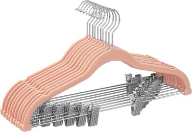 SONGMICS Velvet Clothes Hangers, 10-Piece Set, Skirt Hanger, 42.5 cm wide, with adjustable clips, non-slip, space-saving, for pants, coats, dresses, Light Pink CRF012R10