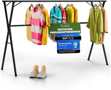 Clothes Rack/Laundry Rack + Bag Moritz [Extendable 1.30-2.0m, foldable, very Stable Stainless Steel] Clothes Rail, Coat Rack, Entrance Hall Coat Rack, Open Wardrobe (Black, with Hooks / without Bag)
