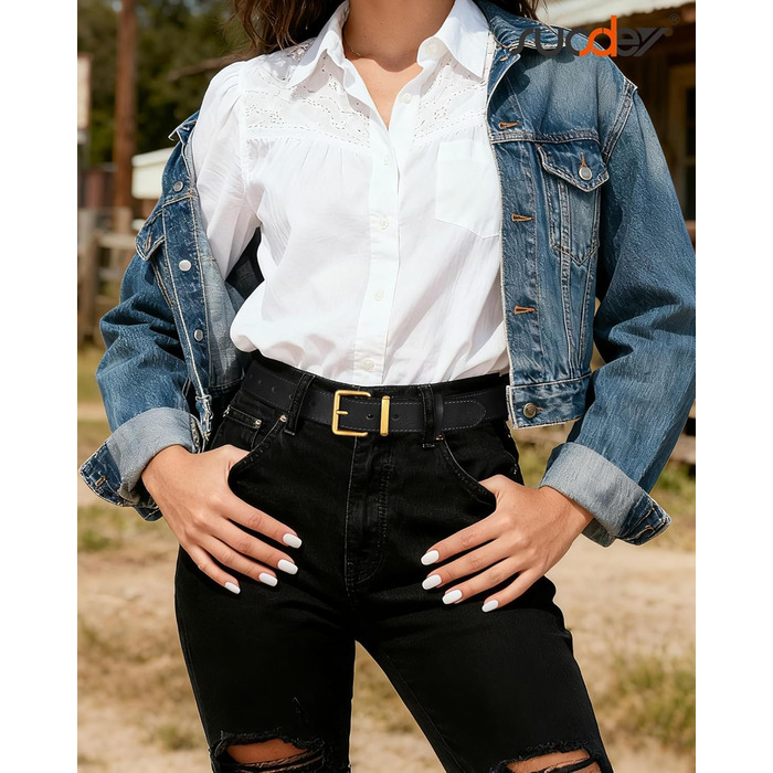 Жіночий шкіряний ремінь SUOSDEY вінтажний, для джинсів, штанів та суконь, з пряжкою золотого/срібного кольору, ширина 3.3 см (Чорний, під талію 68-80 см)