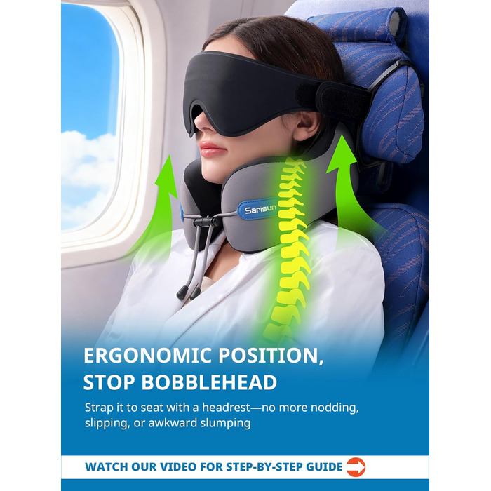 Подушка для шиї у літак Travel Pillow, подушка для подорожей з ременем та 3D-маскою для сну, Memory Foam, чорна