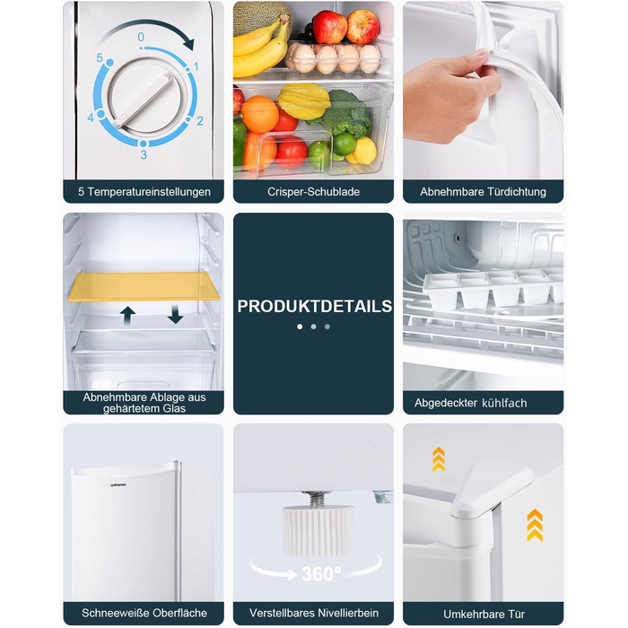 Холодильник Upstreman 91L з функцією швидкого охолодження, 5 температурних режимів (1-8℃), енергоефективний, 41 дБ, компактний, для студентського гуртожитку/офісу, BR321- (білий)