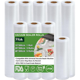 Omtofo Vacuum Bags, 9 Rolls of Vacuum Film, Vacuum Bags for Food, 28/20/15 x 300cm, BPA-Free, Tear-Resistant, 150µm, Vacuum Film Rolls for All Vacuum Sealers, Microwave and Sous Vide