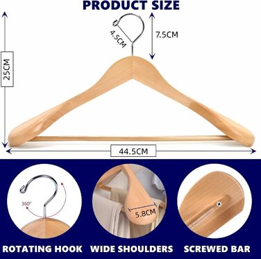 Amber Home 10-Piece 44.5cm Natural Wooden Clothes Hangers with Wide Shoulders (5.8cm), Sturdy and Shiny Hanger with Round Bar for Suit, Jacket, Coat, Shirt, Trousers