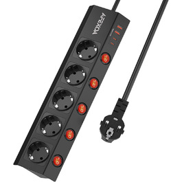 Многорозеткова смуга з 5 розетками та USB, біла, 3680W/16A, з USB-C та USB-A, швидка зарядка, захист від перенапруги, дитячий замок, для дому та офісу