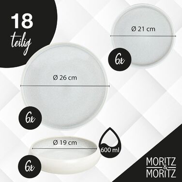 Moritz & Moritz SOLID UNI Dinnerware Set, 6 Persons, Cream, 18-Piece - Modern Stoneware Dinner Set - Microwave & Dishwasher Safe, Dining Dishes, Tableware Service, Combination Service 6 Person Cream Dinnerware Set (6 Person)