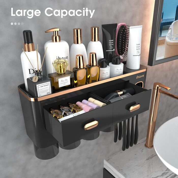 IHave Toothbrush Holder Wall-Mounted, Bathroom Toothbrush Holder with Toothpaste Dispenser, 3 Cup Toothbrush Holder with Drawer, Large Capacity Toothbrush Organizer Bathroom (4 Cups, Black Gold)