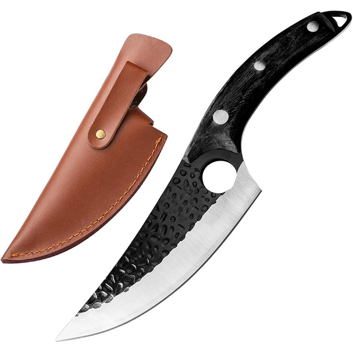 Вікінзький ніж Ausbeinmesser: ручна робота, повний хвостовик, японський кухонний ніж для м'яса з піхвою з шкіри. Карбонова сталь, для кухні, відпочинку на природі, BBQ, кемпінгу. Чудовий подарунок!