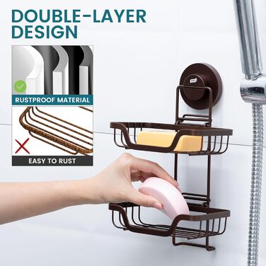 TAILI Shower Soap Dish with Drain and Hook, MAX Holds 5 KG, Stainless Steel Soap Dishes No Drilling, Bathroom Soap Holder Wall Mount, Double Soap Holder with Suction Cup, Sponge Holder, Brown