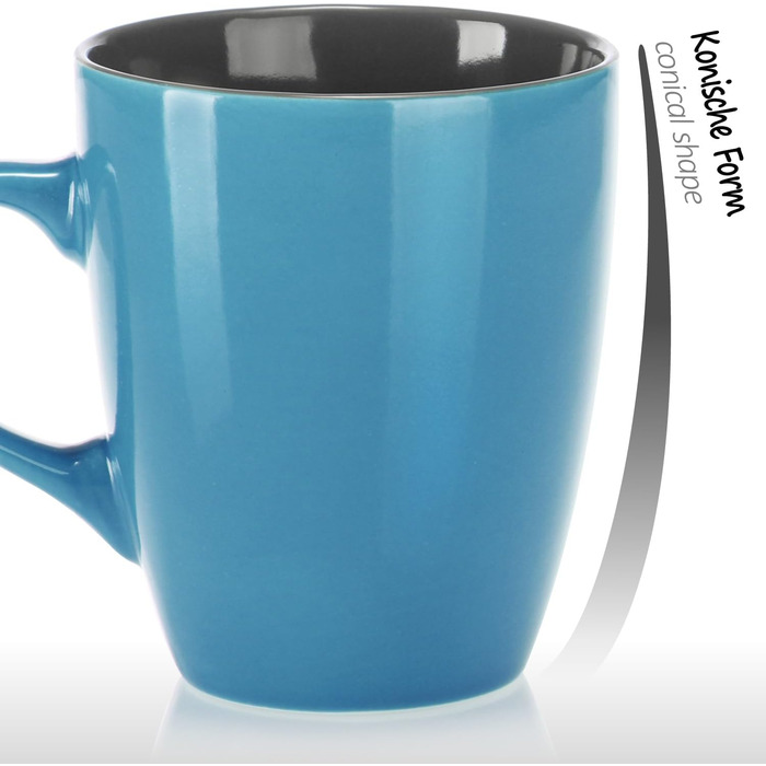 Набір керамічних чашок Com-Four® 6 шт. 350 мл - чайник для гарячих та холодних напоїв, сучасний дизайн, блакитно-зелено-сірий, з ручкою